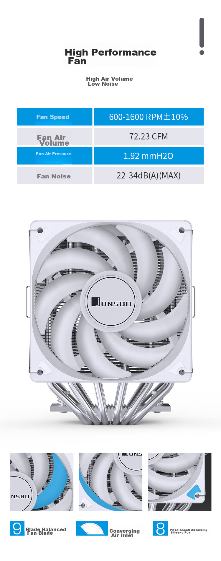 JONSBO CR-3000E Colorful White Edition CPU Air Cooler (Dual Tower Dual Fan / Nickel-Plated 6 Heat Pipes / Colorful Lighting Effects / PWM / Multi-Platform / Thermal Paste Included) 8
