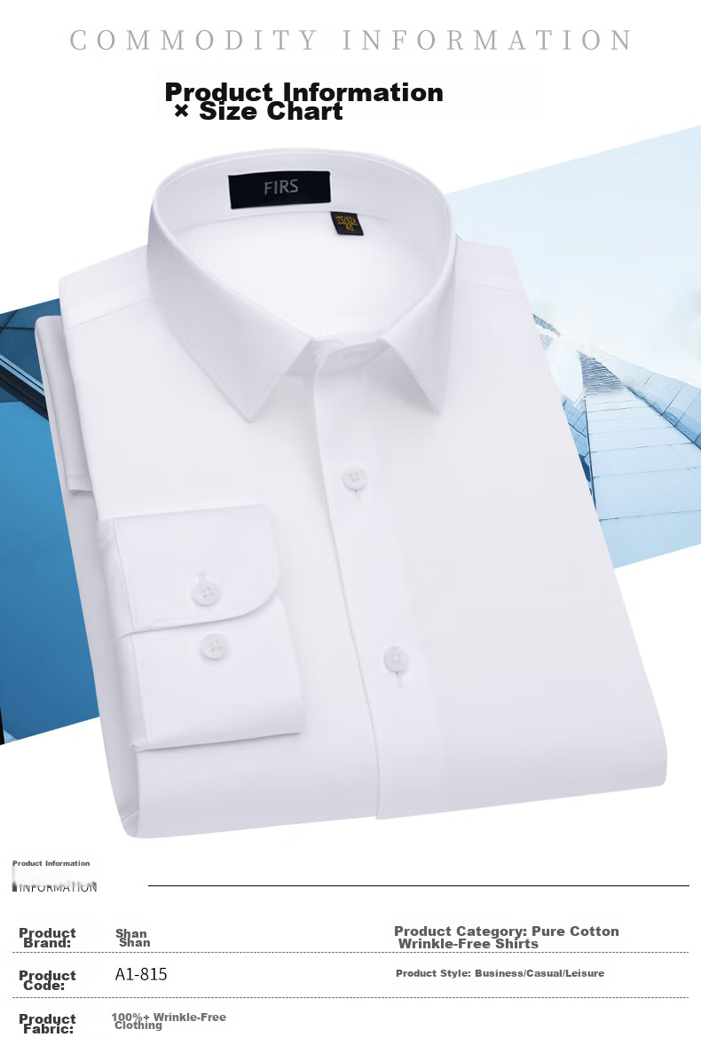 FIRS Long-Sleeve Shirt for Men, DP Wrinkle-Free Dress Shirt, Business Casual Work Pure Cotton Shirt, White, Size 43 8