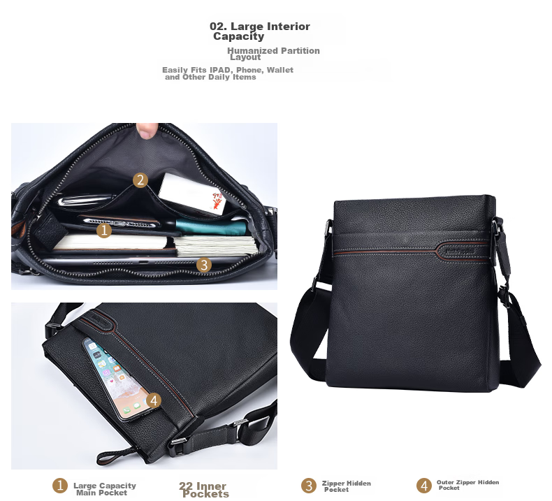 Hush Puppies Shoulder Bag for Men, Crossbody Bag, Casual Fashion Cowhide Business Backpack, Vertical Briefcase, Birthday Gift 3