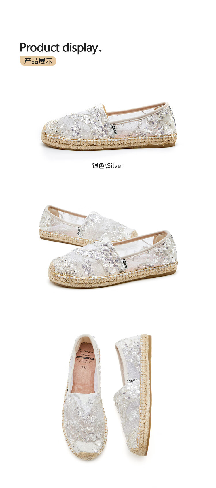 J&M Dong Xuan Same Style Fisherman Shoes for Women, Summer Hollow Breathable Canvas Shoes, Casual Slip-On Flat Single Shoes, Silver, Size 35 6