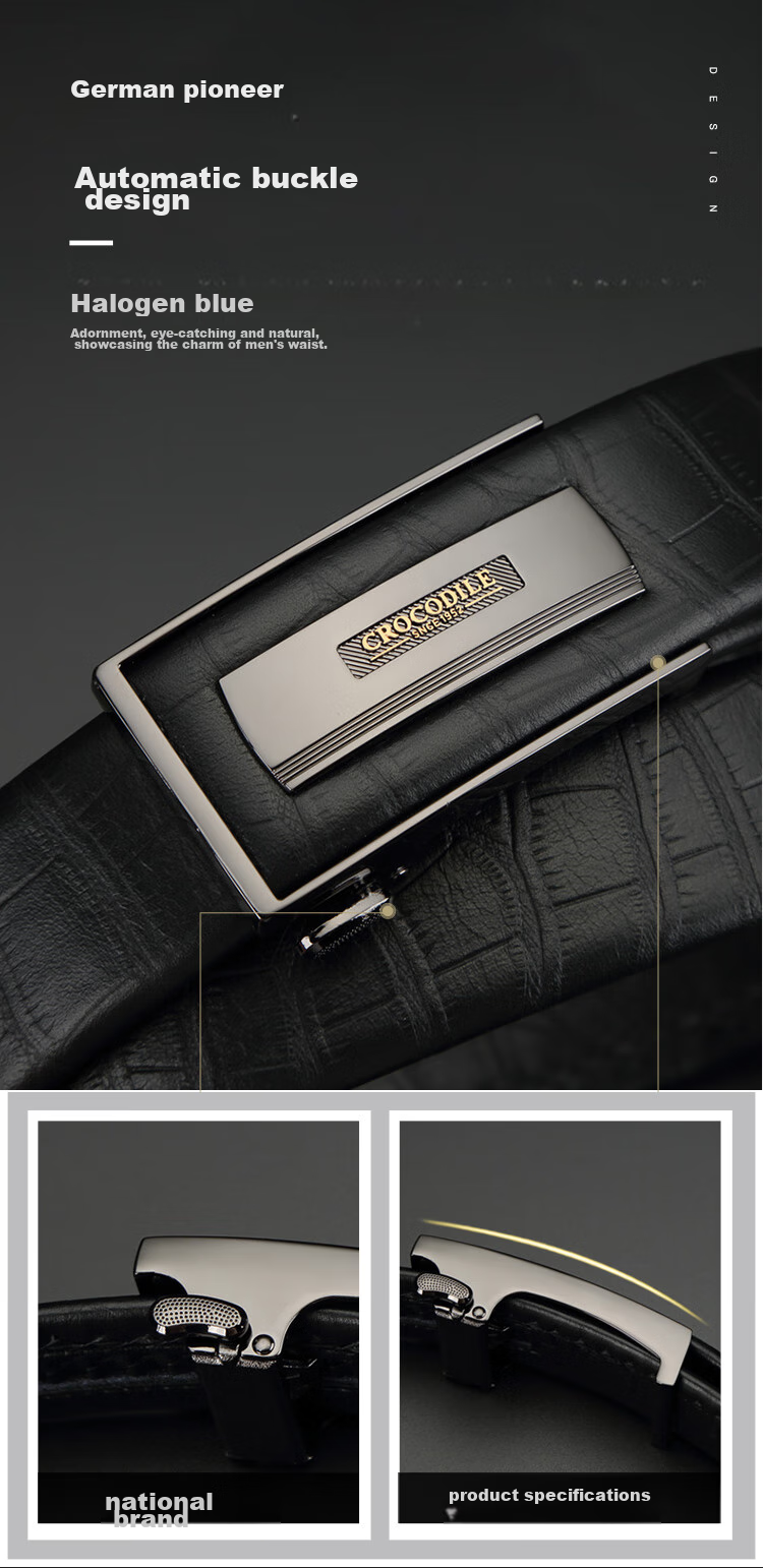 CROCODILE Business Crocodile Pattern Top-Grain Leather Automatic Buckle Belt, Men's Inner Wear Waistband, Birthday Gift for Boyfriend, 1718 4