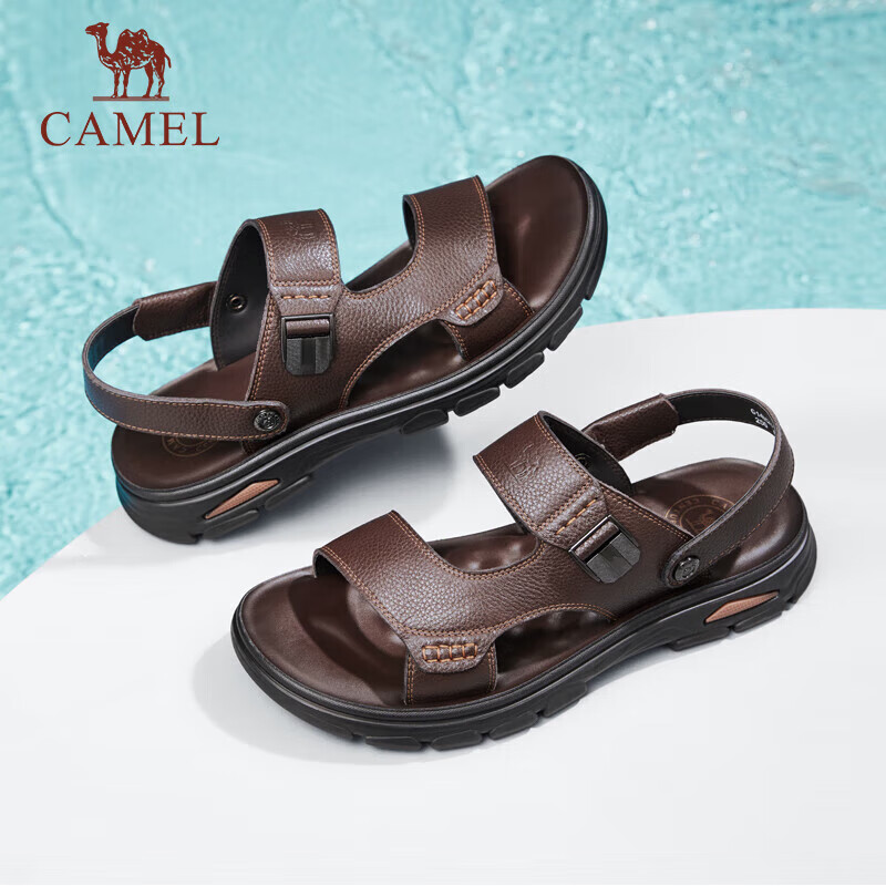 CAMEL Men's Sandals, Cowhide Leather, Two-Way Business Sandals And Slippers, G14M211623, Brown, Size 43