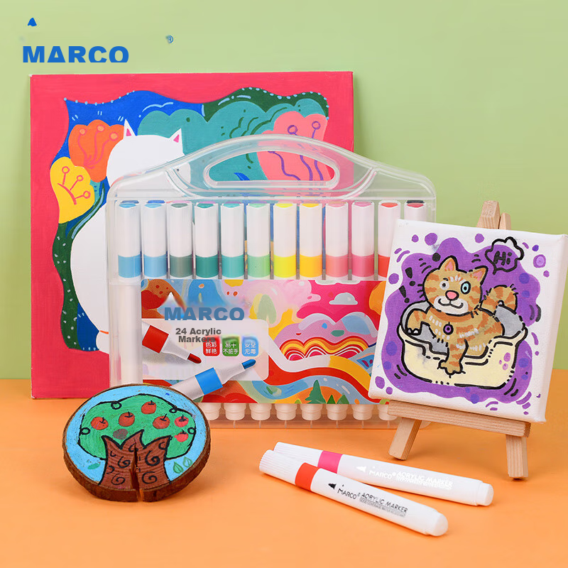 MARCO 24-Color Acrylic Markers, Waterproof Paint, Watercolor, Fluorescent Markers, for Children, Students, Kids, Parent-Child Drawing, Gift Box, Back-To Gift, Watercolor Pens, Art Educatio