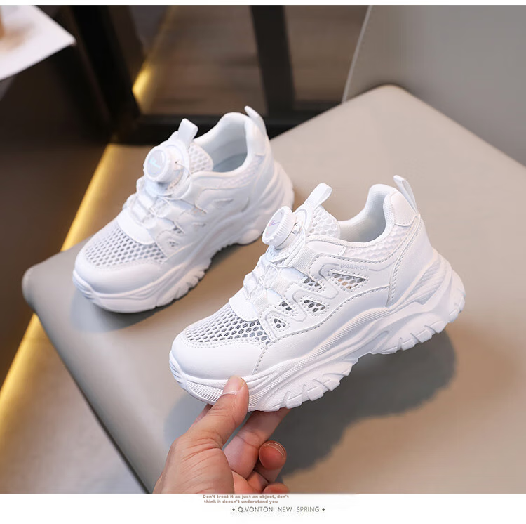 Warrior Children's Shoes, Mesh Upper White Sneakers, Sandals, Button Sports Shoes, Casual Shoes, Skateboard Shoes, WZ(CL)-0454, White, Size 28 6
