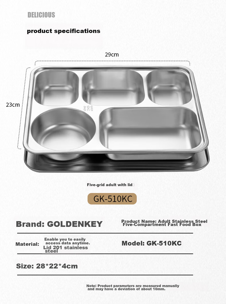 Jinyaoshi 304 Stainless Steel, Thickened Compartmented Fast Food Tray for Adults, Full Steel Lunch Box with Lid, Five Compartments GK-510KC 7