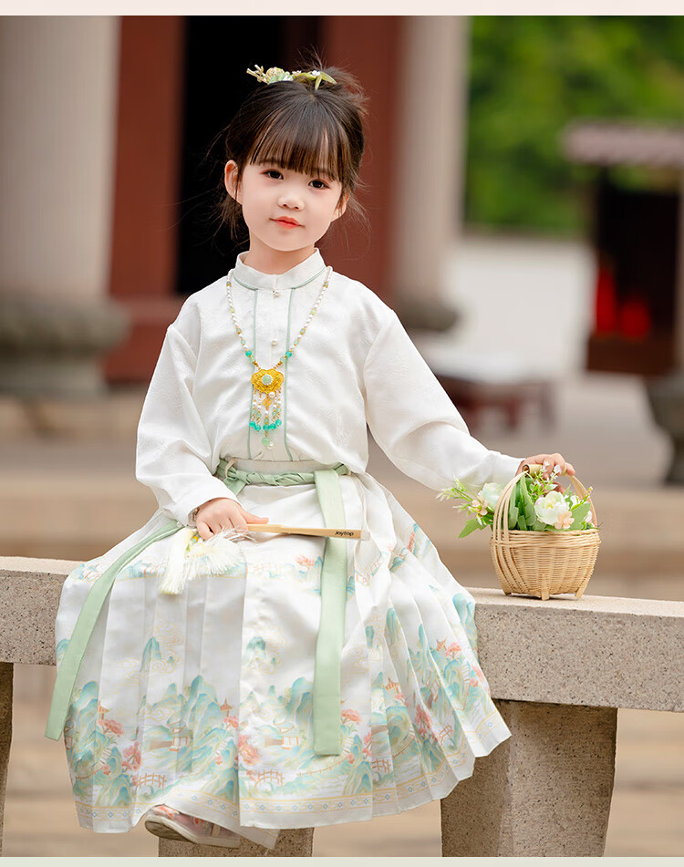 Menghu Yueqing Mountain Hanfu Girls' Spring New Style Children's Chinese-Style Ancient Costume Ming Dynasty Horse-Face Skirt Set, Pink Horse-Face Skirt, Size 100 13