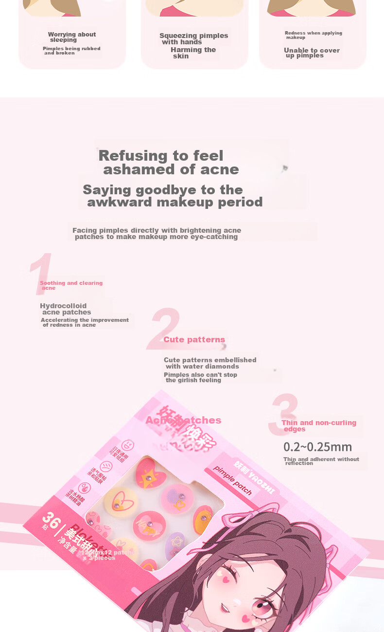 Yaozhi Acne Patch for Women, Concealing, Lightweight, Waterproof, Breathable, Gentle, Soothing, Acne-Fighting, Day And Night Use, Guima Jingling, 36 Patches 3