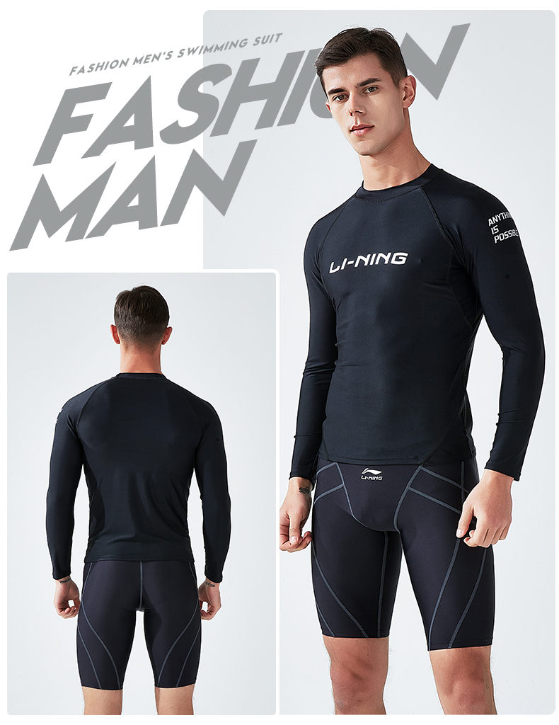 Li-Ning Men's Professional Quick-Dry Swimwear Set, Swimming Trunks And Swim Shirt, 23-69 Long Sleeve Set, Black, XL 12