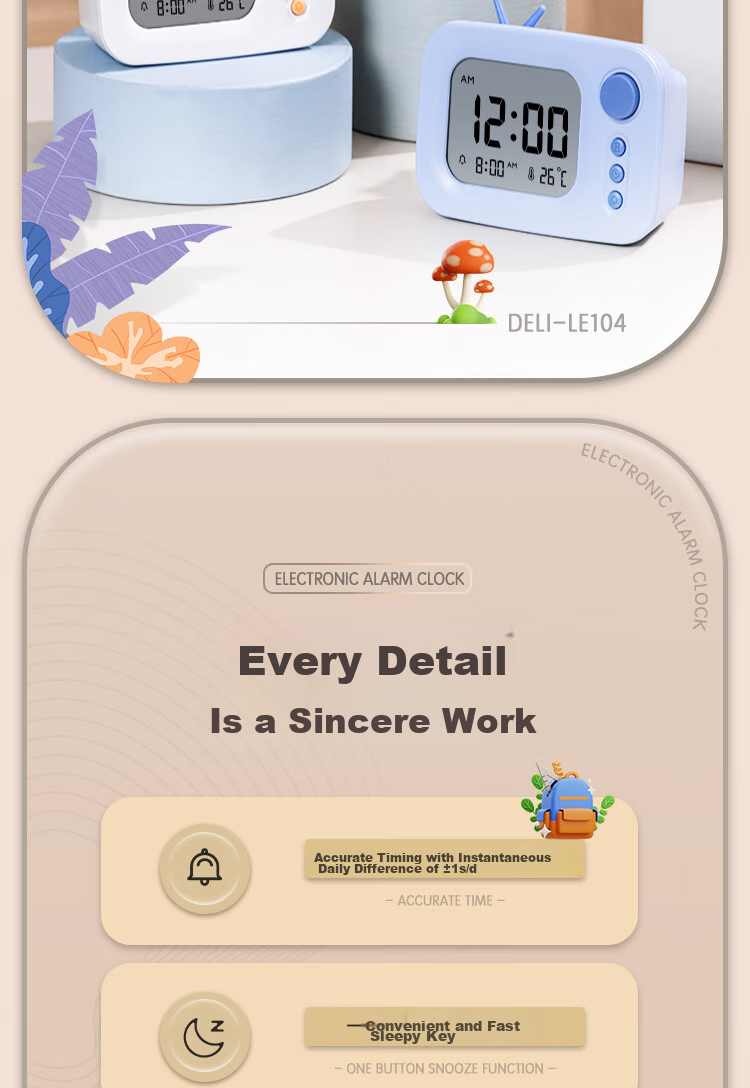 Deli Cute Cartoon Alarm Clock Thermometer, Back-To Gift for Students And Children, Blue LE104 2
