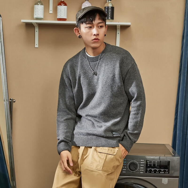 TonLion 2022 Men's Sweater, Solid Color Basic Versatile Base Layer Round Neck Knit Sweater for Men, Flax Gray, S