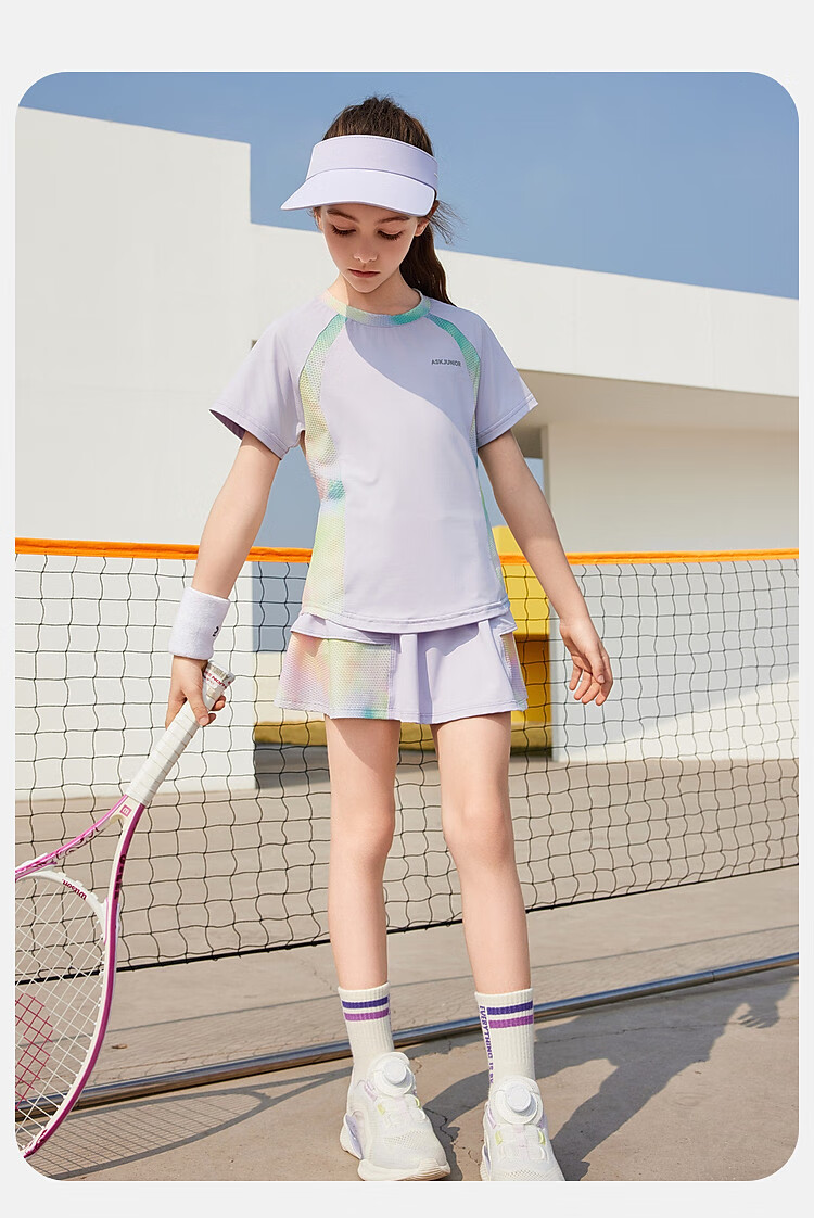 ASK JUNIOR Girls' Sports Set, Summer New Style, Lightweight Breathable Quick-Dry Short-Sleeve Top + Skirt, Ice-Cool Two-Piece Tennis Outfit 8