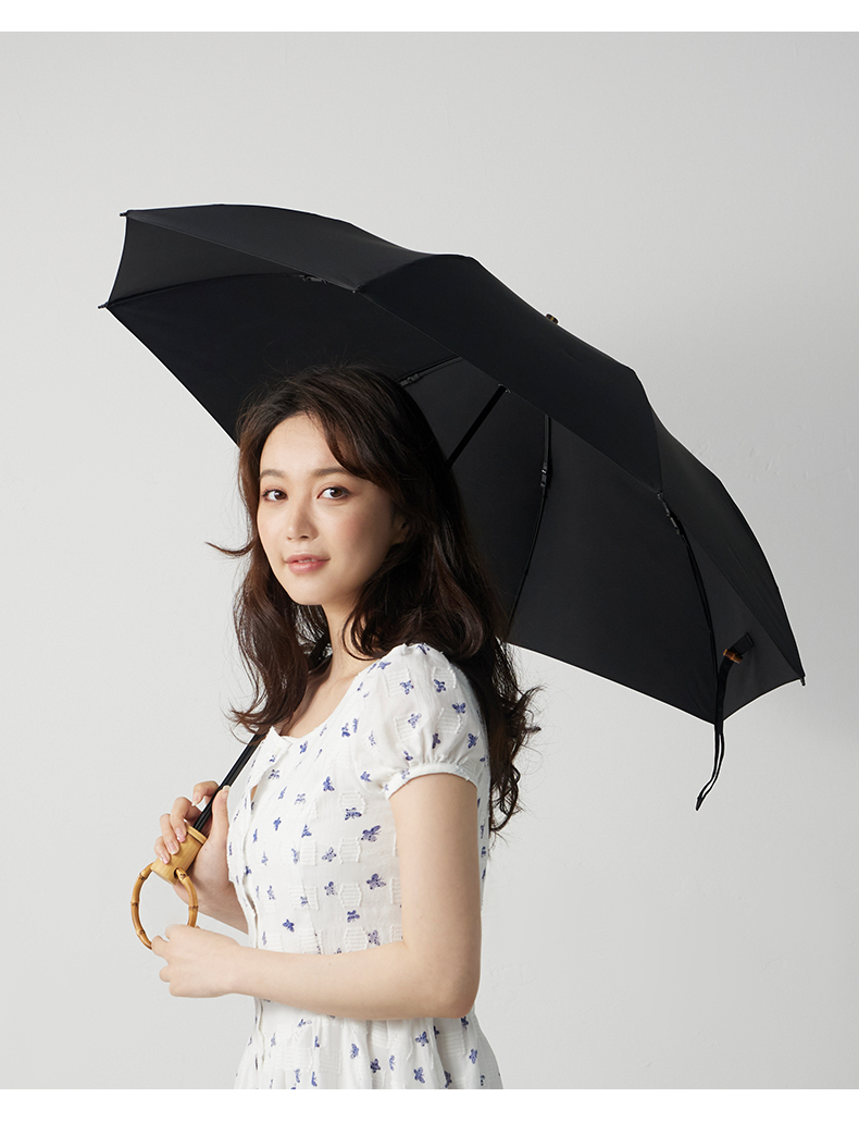 Obsu Japanese, Obsu Long-Handle Folding Umbrella for Women, Sturdy Double-Fold Circular Bamboo Handle Nano Non-Wet Umbrella, Black Bamboo Ring Umbrella 11