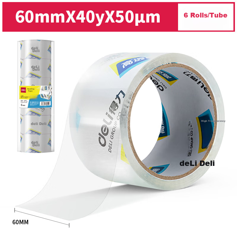 Клейкая лента Deli, 60 мм x 40 ярдов x 50 мкм, 6 рулонов в тубусе, прозрачная, для офиса и упаковки