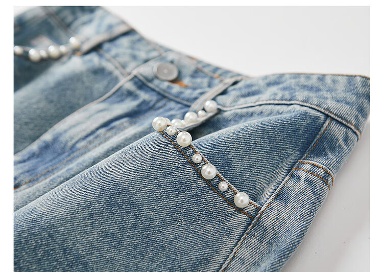 Dme [Yuanqi Yujie] Spring And Autumn Treasure Cloud-Feel Pure Cotton Pearl Decorative Design Split Denim Midi Skirt for Wome 11