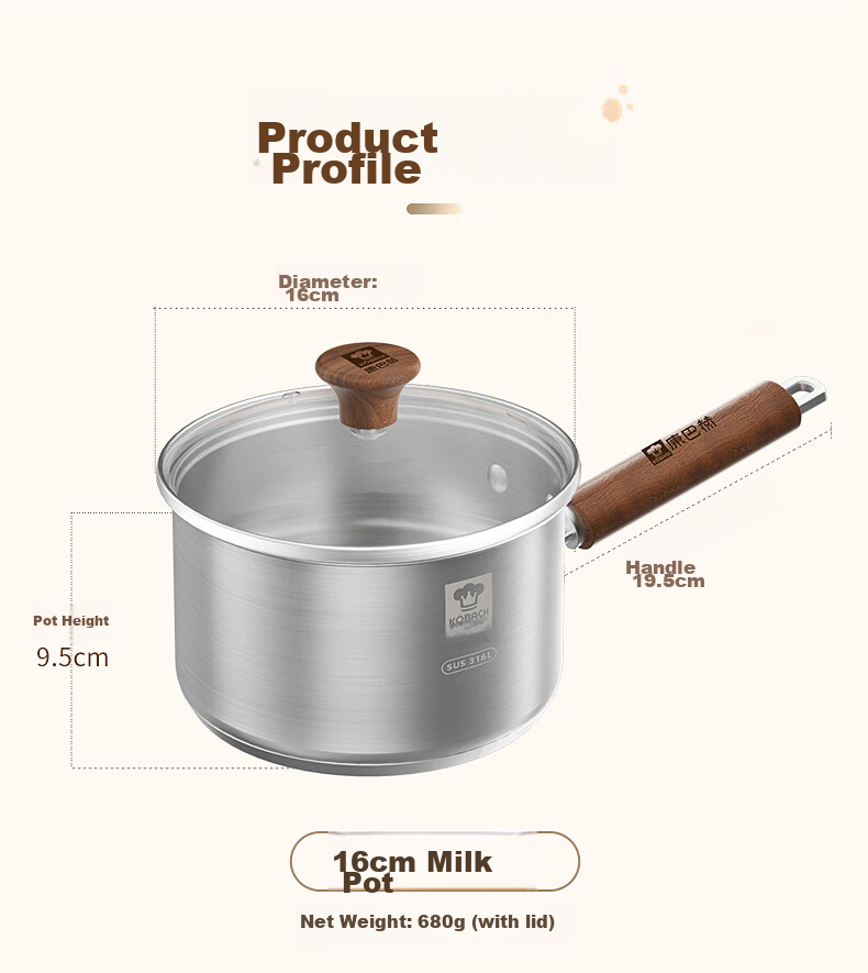 KOBACH 316L Stainless Steel Baby Food Milk Pot with Steamer Basket, Infant Cooking and Frying Multi-Function Small Milk Pot, 16cm Noodle Pot 17