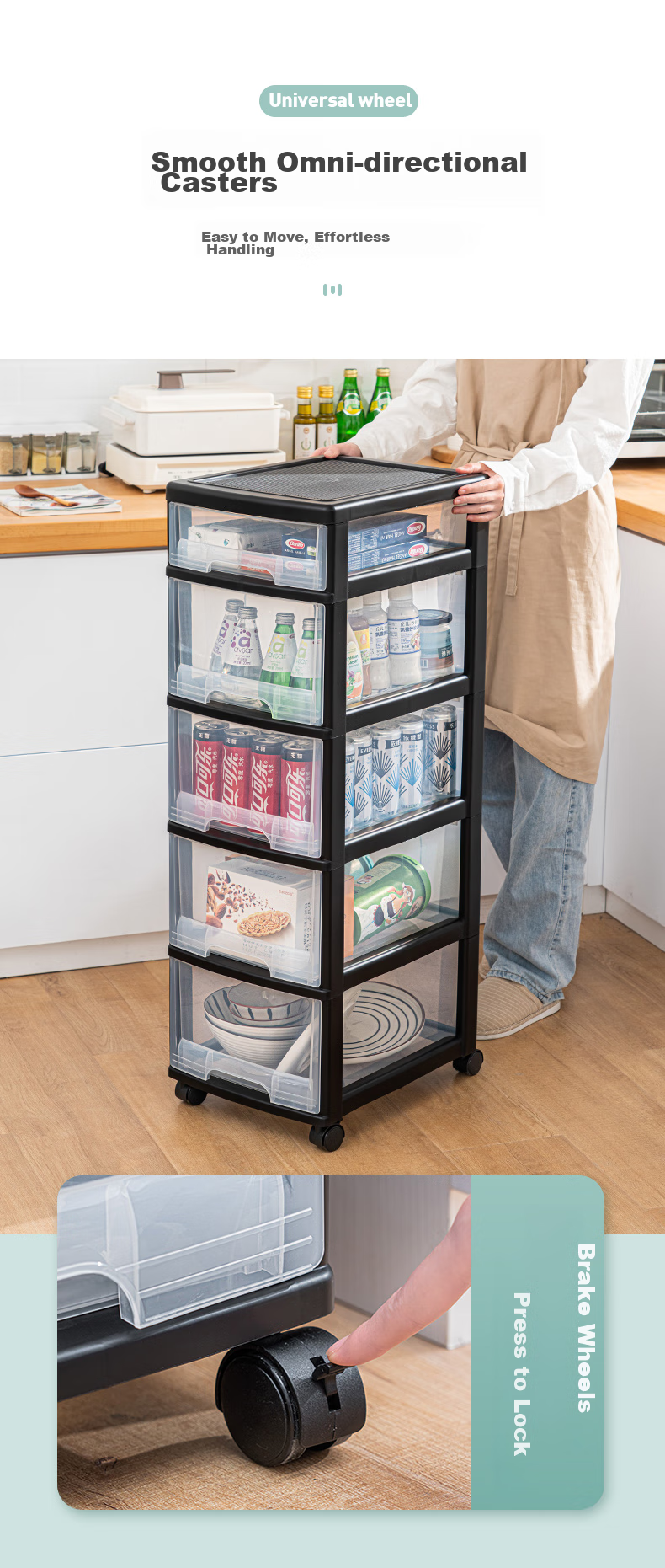 JEKO&JEKO Kitchen Storage Rack, Dish Cabinet Organizer, Utensil And Miscellaneous Item Storage, Narrow Drawer, Floor-Standing with Wheels And Pull Handle, 6 Tiers 7