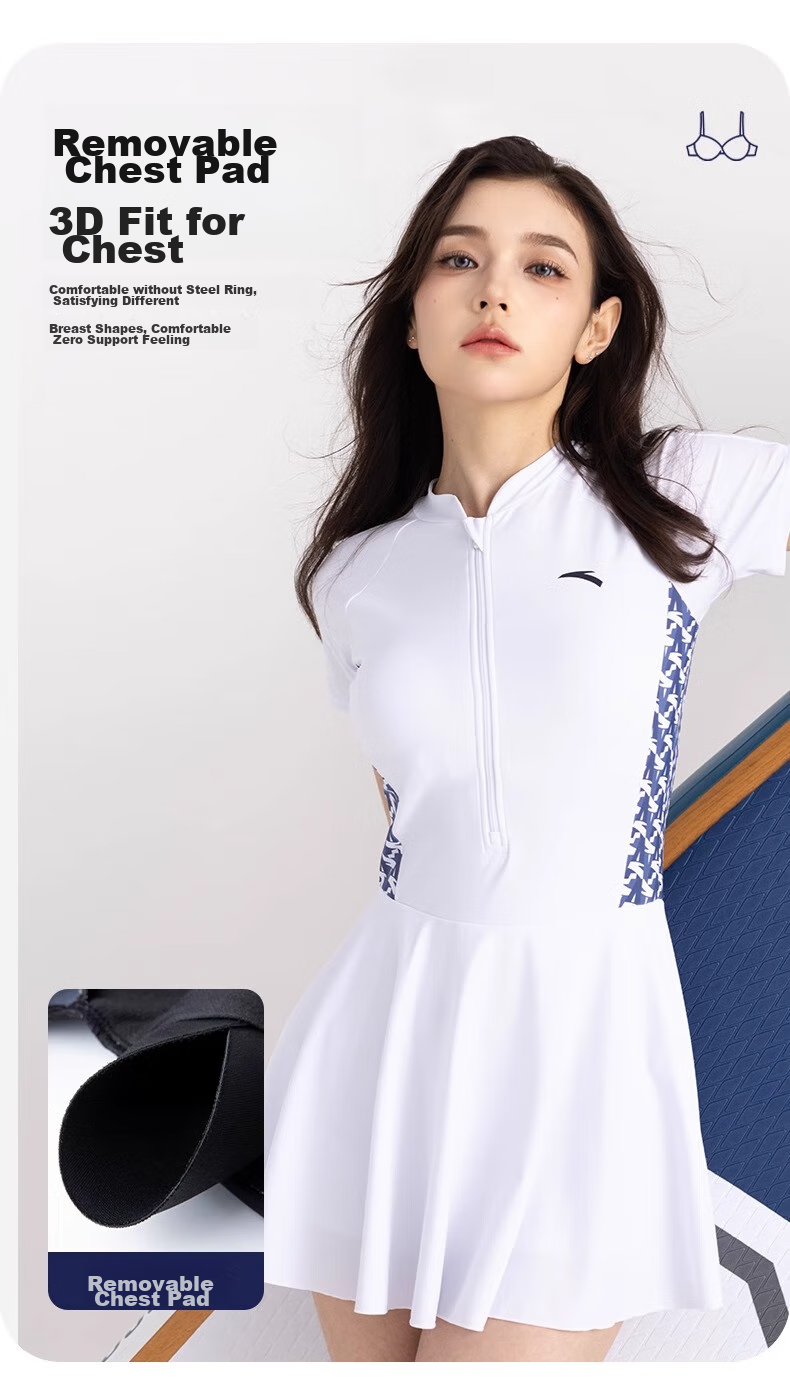 ANTA One-Piece Swimsuit for Women, Hot Spring Swimwear, New Style Skirt Design, Slimming for Curvy Figures, Tummy Control, Conservative, Plus Size, White, Size M 9