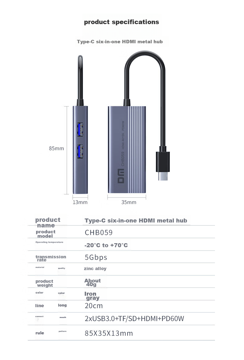 DM Daimai Type-C Six-In Expansion Dock, USB-C to HDMI Adapter, Apple Huawei Computer IPad Converter, 4K Screen Mirroring Expansion Card Reader, CHB059 11