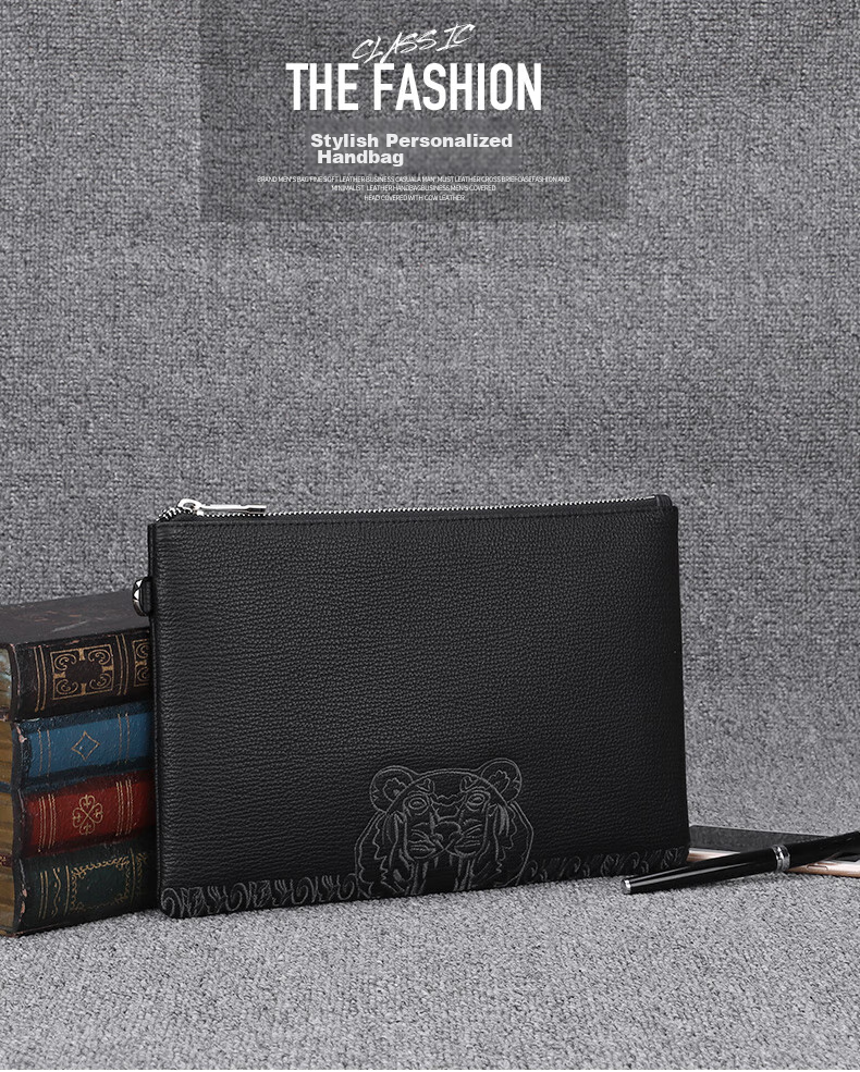 ELLE HOMME Business Boutique Same Style Clutch Bag, Men's Top-Grain Leather Handbag, Tiger Head Embroidery Large Capacity Casual Handbag Envelope Bag EB058701401 Black, Birthday Gift for Boyfriend 4