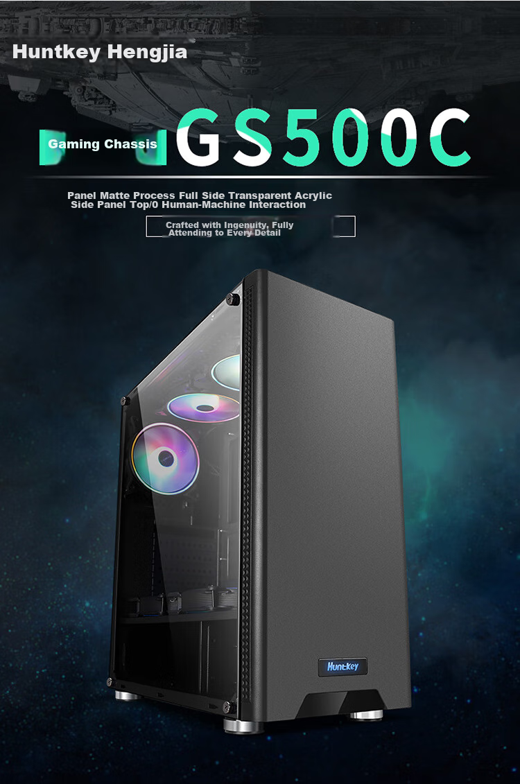 Huntkey GS500C Black Case (Side Panel Window/ATX Motherboard Support/Wide Gaming PC Case/Long Graphics Card Support/Black Cable Management/Gold-Stamped Feet) 3