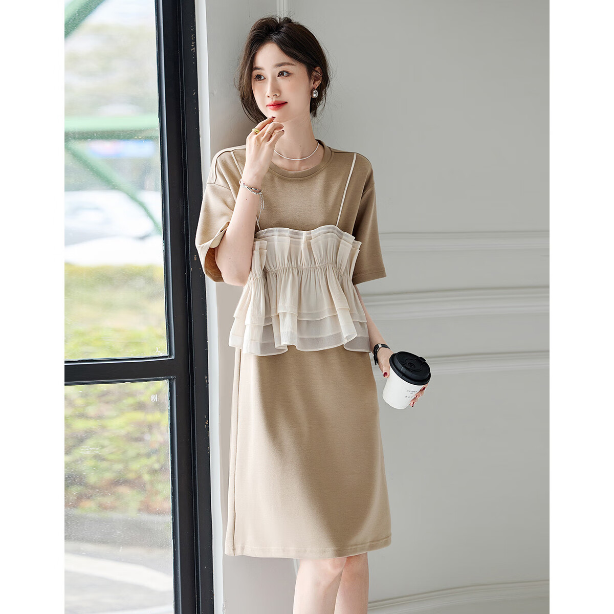 Dme [Light French Style Guide] Summer Round Neck Flowy Mesh Spliced Knit Gentle Knit Dress for Women, Mid-Length
