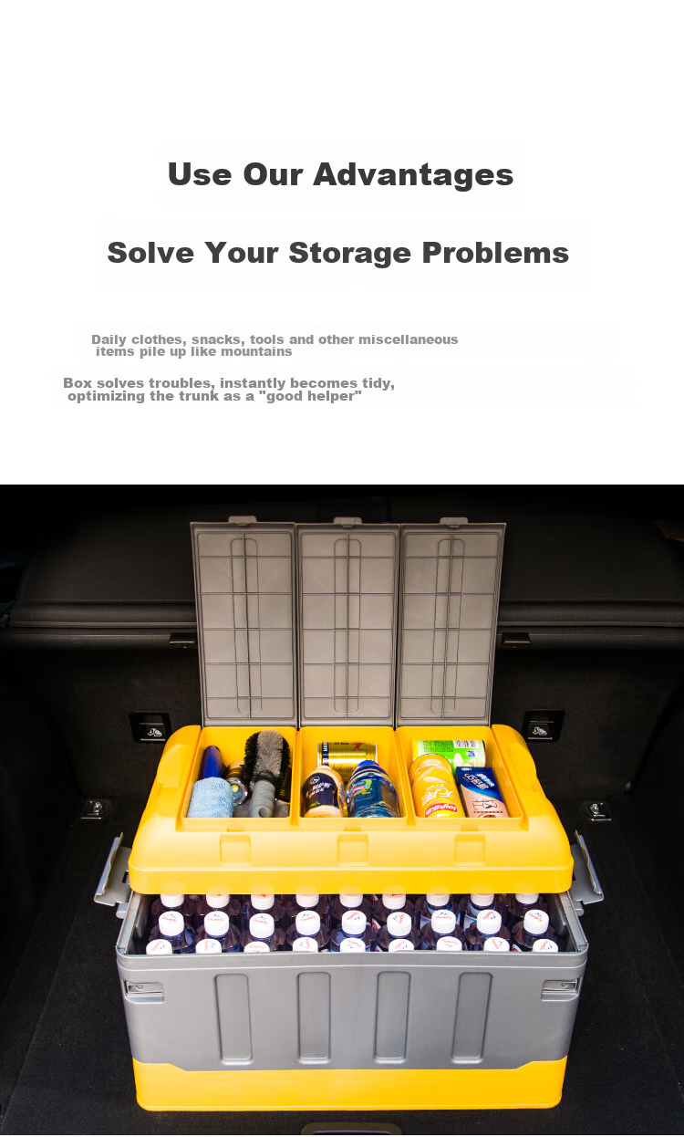 YUECAR Trunk Storage Box, Car Organizer Container, Foldable Car Storage Box with Double Lids, 40L Gray And Yellow 3