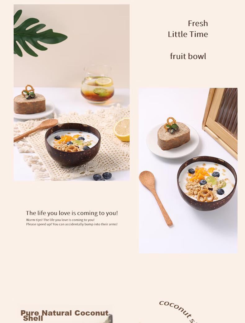 BJ Yogurt Bowl with Spoon, Wooden Dessert Fruit Salad Bowl for Home Breakfast Oatmeal, Natural Coconut Shell Bowl 11