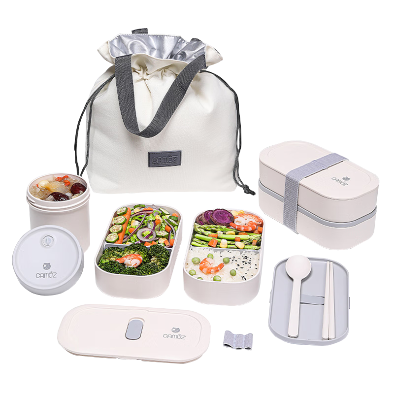 CAMUZ Bamboo Fiber Lunch Box, Japanese-Style Double-Layer Bento Box, Microwave-Safe, Sealed Lunch Box for Office Workers, White Set