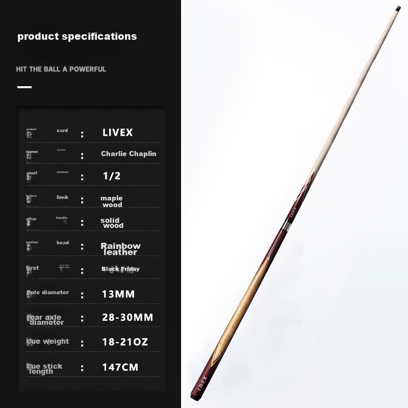 LIVEX Charlie Pool Cue, Large Tip Cue, Chinese 8-Ball Two-Piece Billiard Cue, American 16-Ball Pool Cue, with Cue Tube