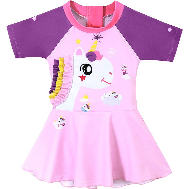 Lemonkid Children's One-Piece Swimsuit, Quick-Dry Swimwear for Boys And Girls, Big Kids And Toddlers, Pink-Purple Unicorn Design, Size 150