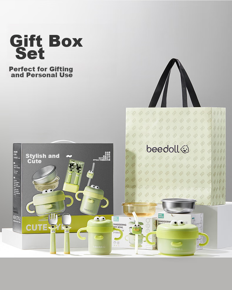 Beedoll Insulated Bowl Set, Children's Tableware, Baby Food Bowls, Specialized Water-Filling Bowls, Gift Box - Dudu Gree 12