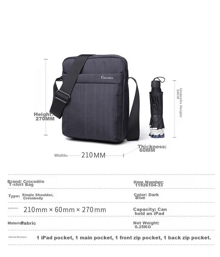CROCODILE Men's Fabric Bag, Sports Casual Shoulder Bag, Simple Trendy Crossbody Vertical Style Bag, Gift B2002, Royal Blue 11