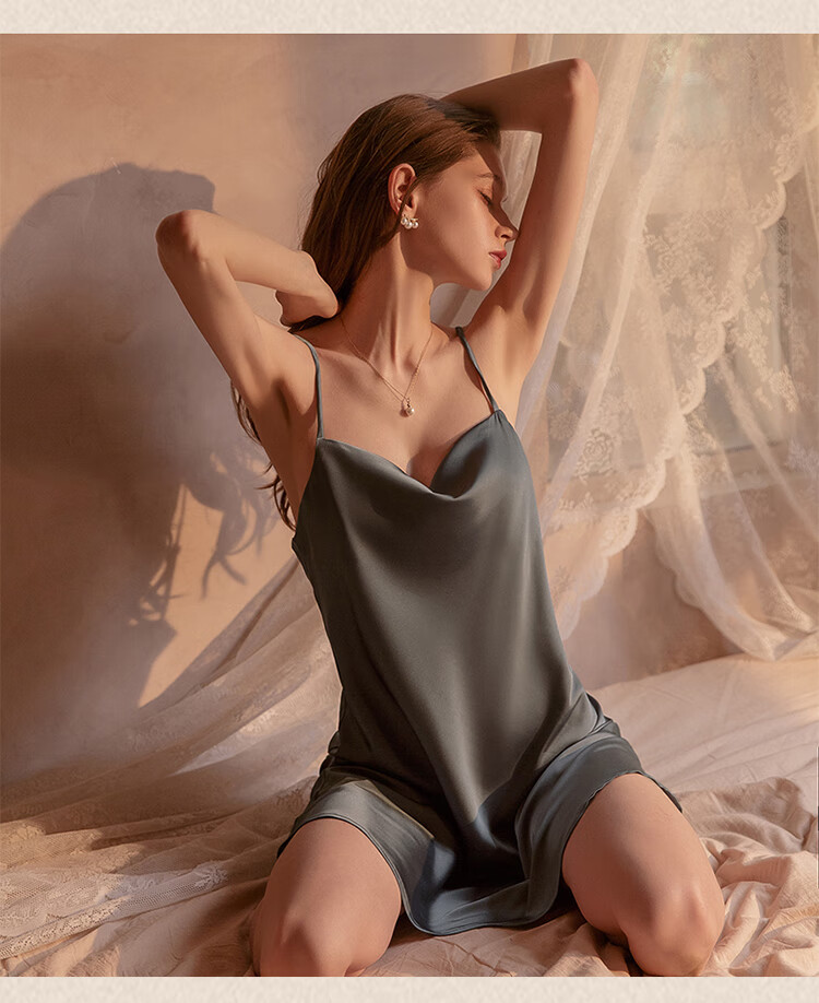 MiiOW Women's Summer Nightgown, Faux Silk with Built-In Bra Pads, Sexy Spaghetti Strap Dress, Lace Loungewear, Khaki, Size M 24