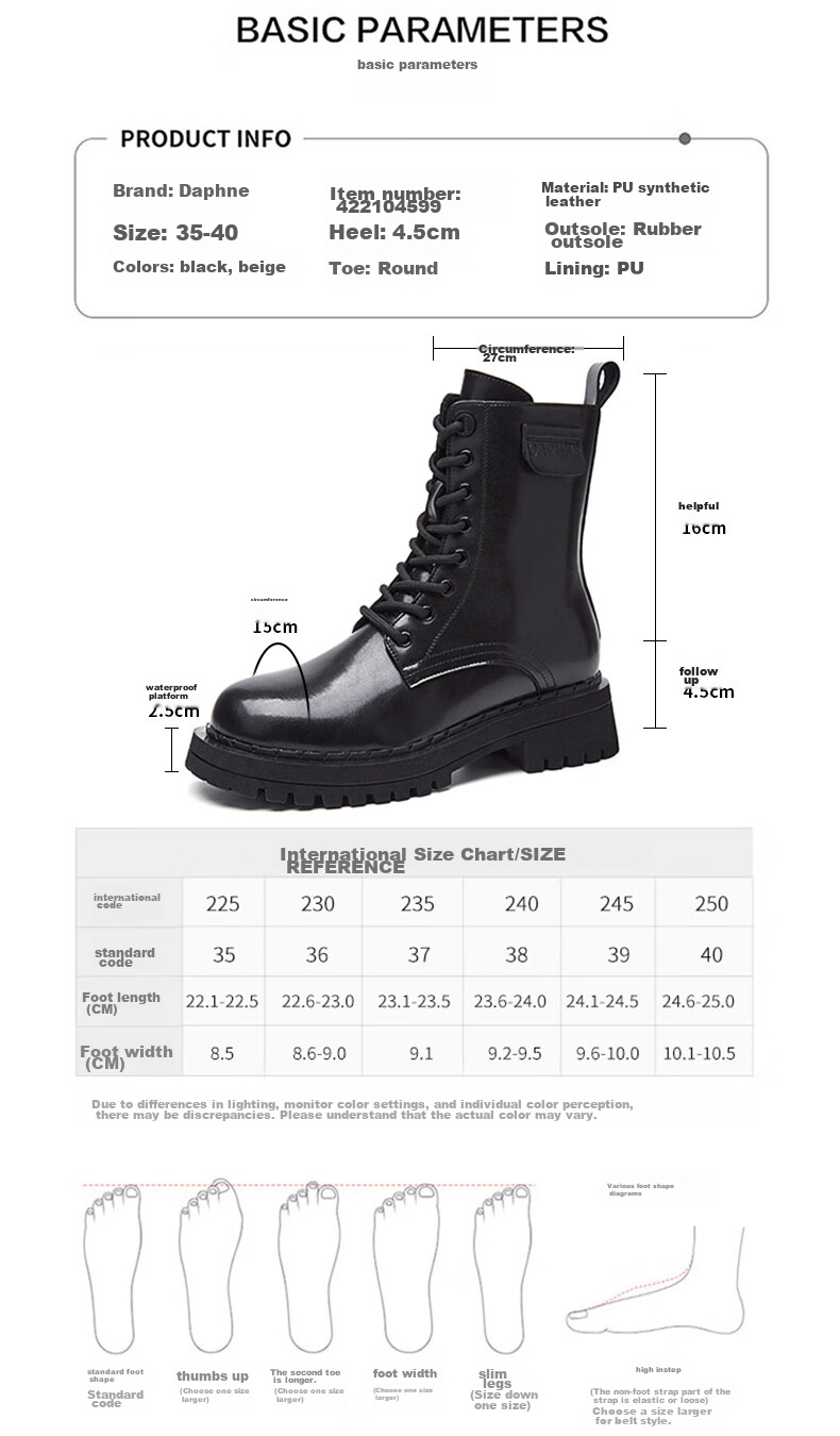 DAPHNE Women's Martin Boots Thick Sole New High Heel British Style Ankle Boots Leather Casual Shoes Black Fleece Lined Size 40 3