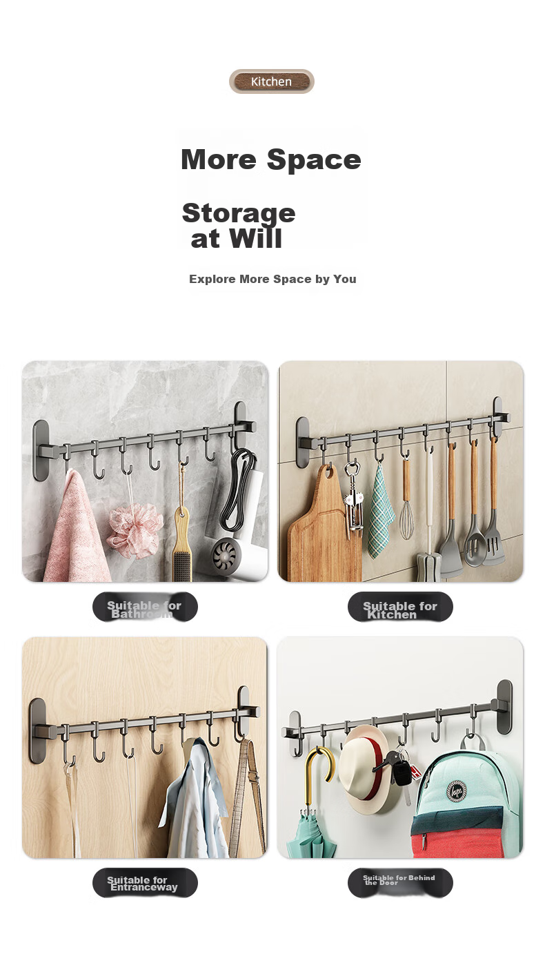 YOUQIN Kitchen Storage Rack Hooks, Wall-Mounted without Drilling, Multifunctional Hook Organizer, Pot Lid Rack, Stainless Steel Hanging Rod, Gunmetal Gray, 50cm 9