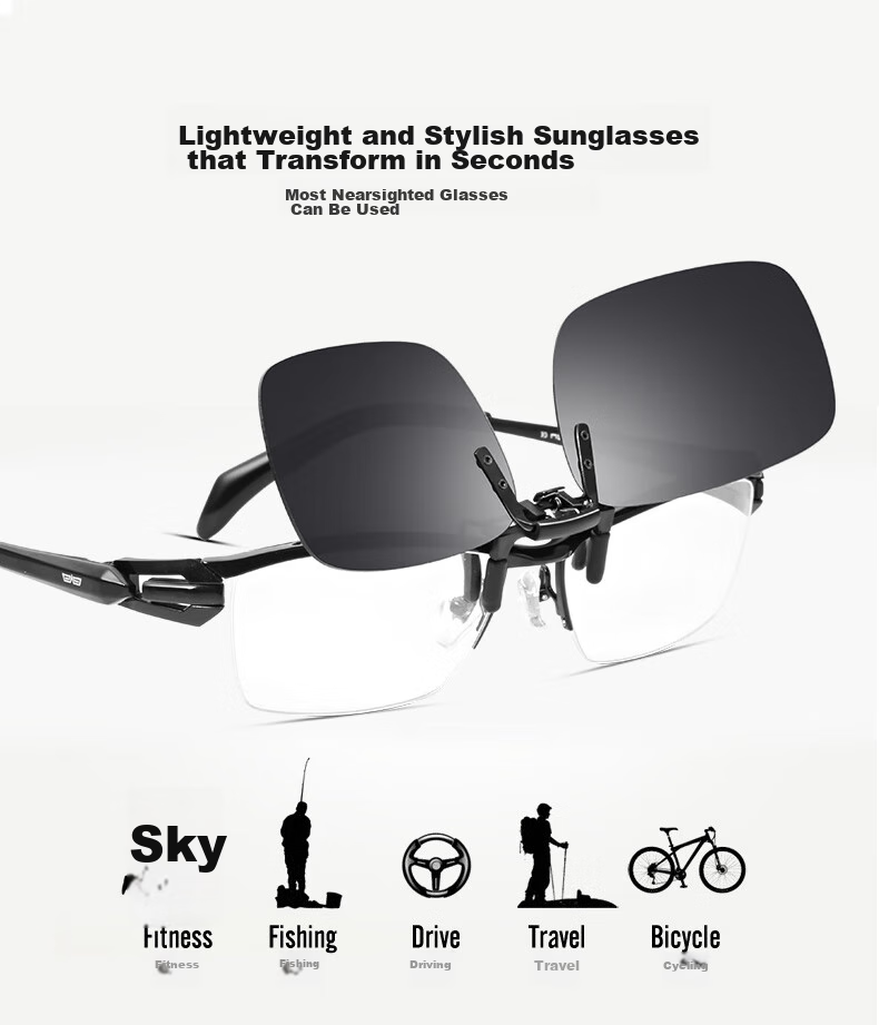 Molong Polarized Clip-On Sunglasses for Nearsightedness, Ultra-Light Driving Glasses for Men And Women, Strong Light Protection M0845 Black And Gray Clip-On Lenses 3