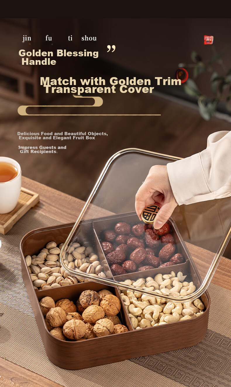 CAIZHI Dried Fruit Plate, Fruit Bowl, Living Room High-End Wood-Like Nut Snack Box, Candy Storage Container, 4-Compartment Fruit Plate CZ6867 5