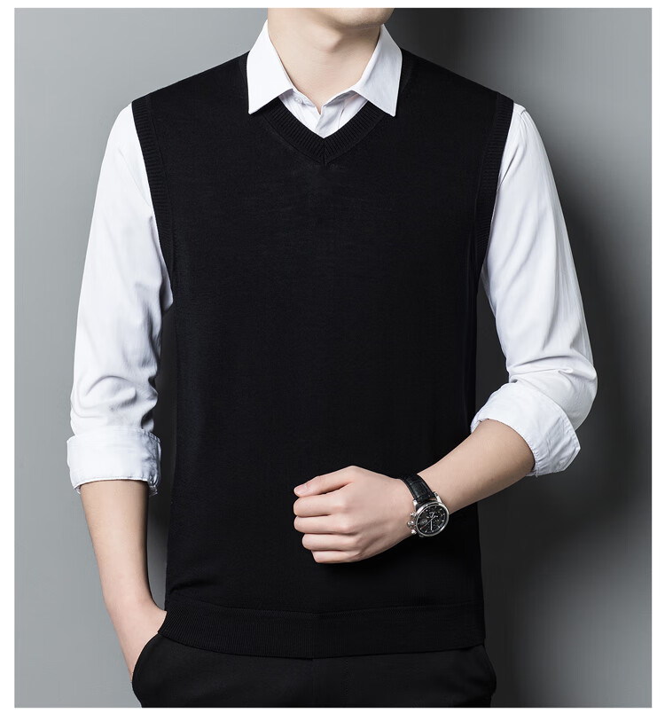 Hengyuanxiang Machine Washable Pure Wool Men's V-Neck Vest Fine Spun Wool Knit Sleeveless Sweater Medium Gray 175 3