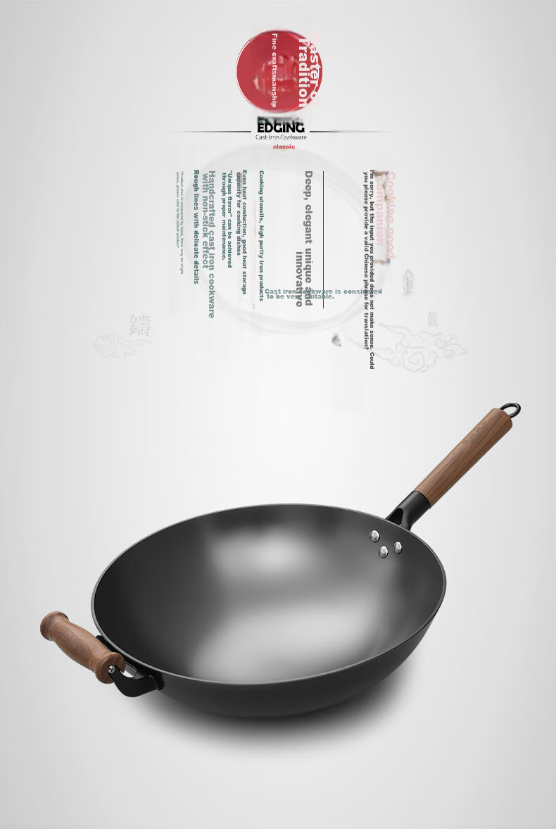 Dianjiang Uncoated Cast Iron Wok for Home Use, Enlarged Deep Round Bottom Iron Frying Pan, Non-Stick Gas Stove Pan, 34cm Single Handle Stir-Fry Pa 1