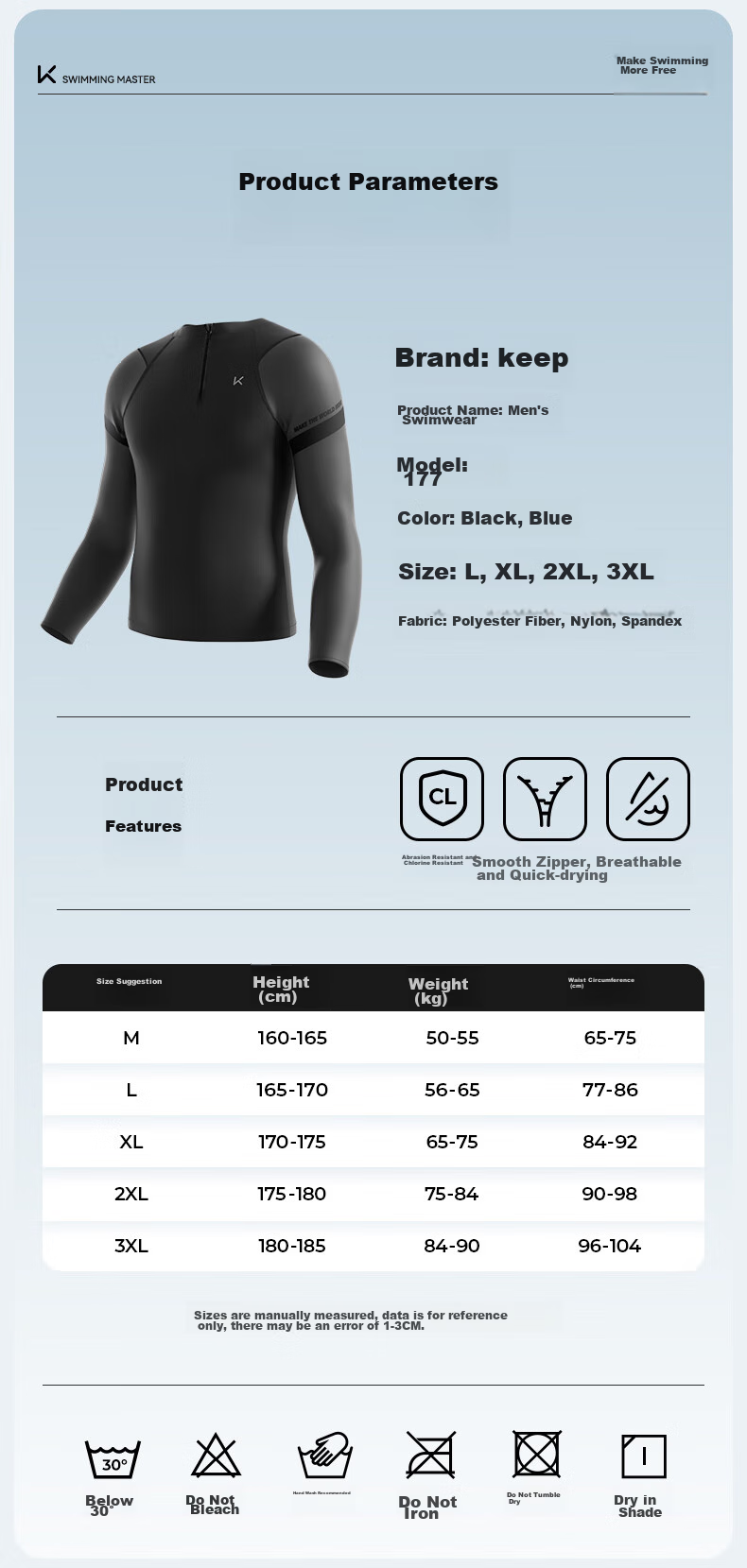 Keep Men's Swimwear, Long-Sleeve Thermal Print Swimsuit, Surfing Suit, 177 Black, XL 8
