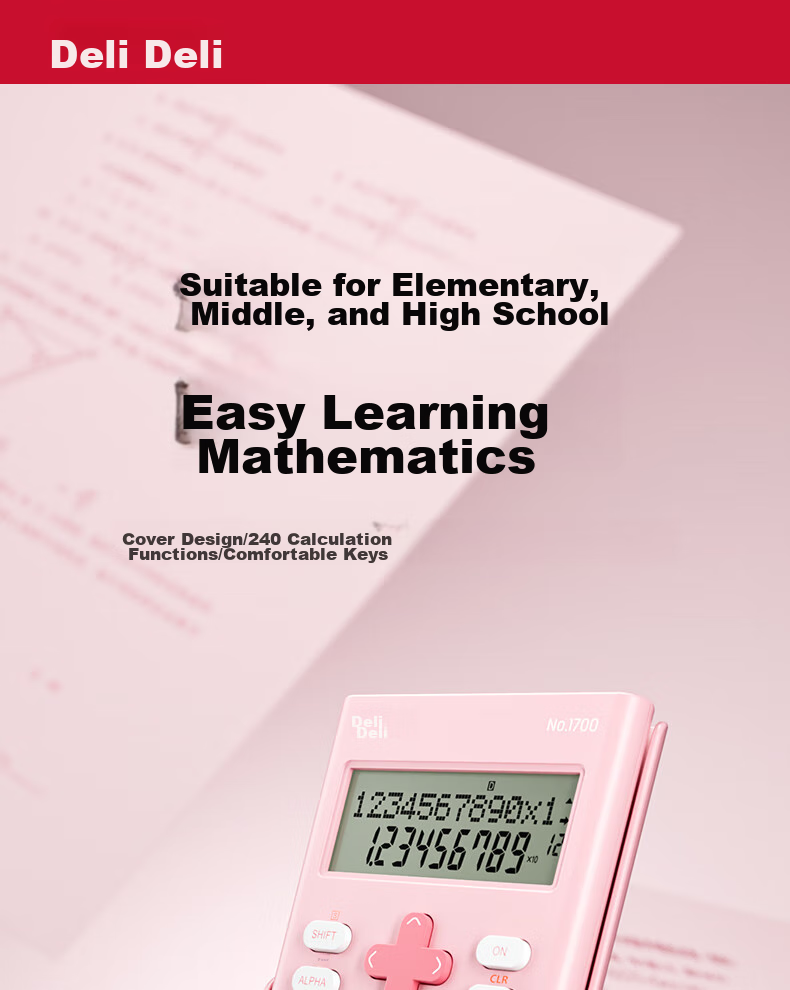 Deli Fashion Scientific Calculator with Dual-Line LCD Display And 240 Functions (For Middle And High School Students) Light Pink 1700 2