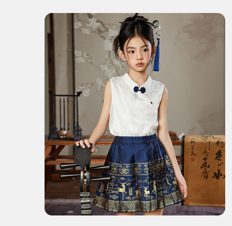 ASK JUNIOR Girls' Summer Outfit Set for Older Children, Sleeveless T-Shirt, Chinese-Style Horse-Face Skirt, Preppy Style Sportswear Set 5