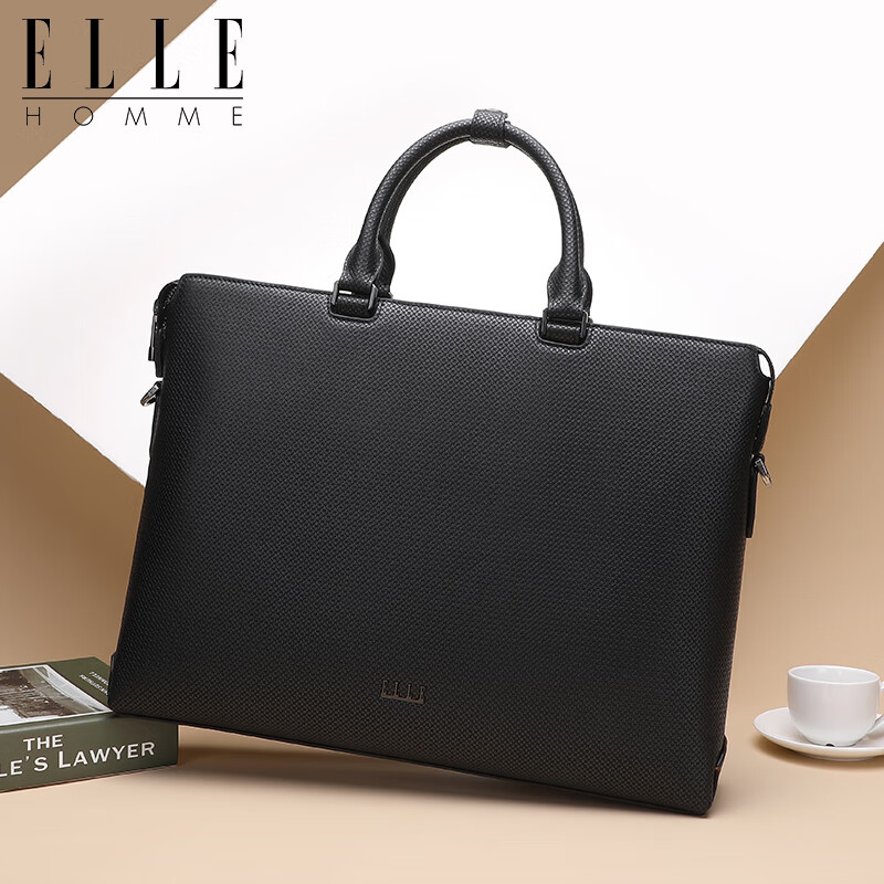 ELLE HOMME Men's Business Briefcase, Light Luxury Top-Grain Leather Handbag, Large Capacity Casual Laptop Bag, 2810 Black