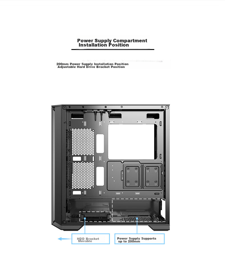 BUBALUS Guardian S301 Type-C Version Computer Desktop Case (Top And Front 360mm Water Cooling Positions / Supports E-ATX / Fully Side-Transparent Glass / 12 Fan Positions / LED Keyboard) 8