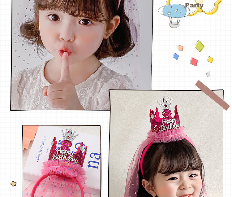 Ounizi Birthday Hat, Crown Headband, Birthday Scene Decoration, Girl's Birthday Props, Atmosphere Party Decorations, Happy Birthday 7