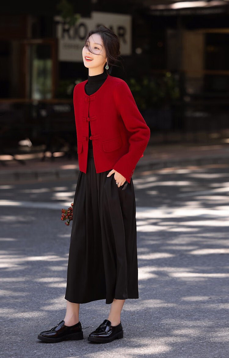 DME Spring New Year Chinese Style New Mid-Length Double-Sided Wool Felt Sheep Wool Frog Button Coat Women Outerwear Dark Red L 5