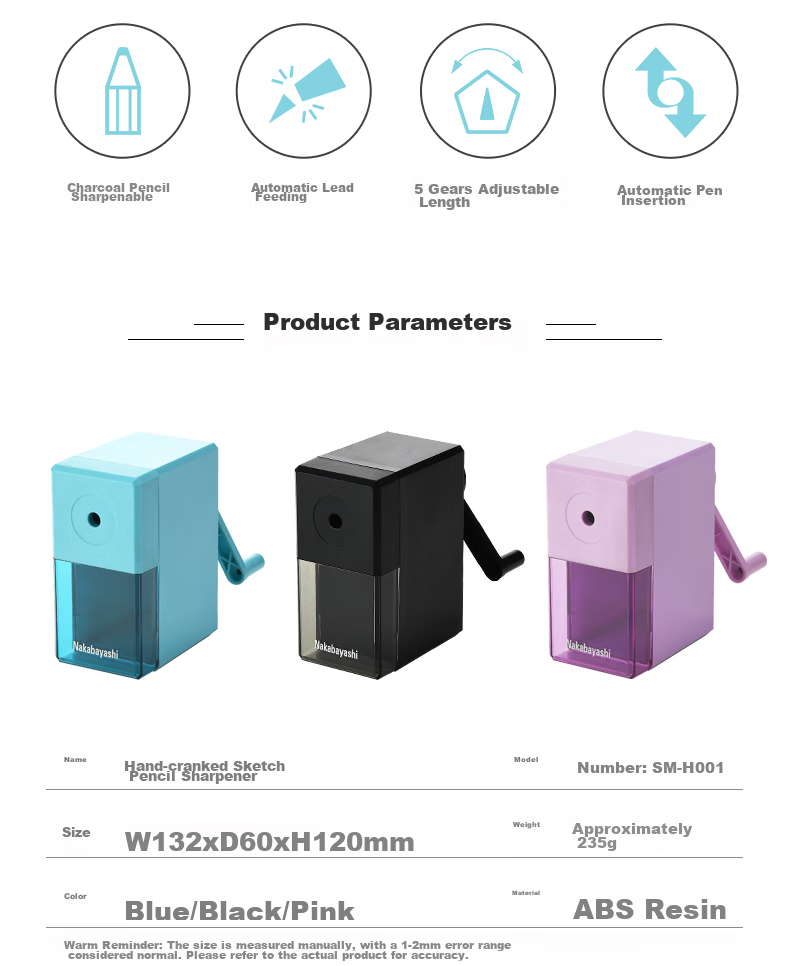 Nakabayashi Hand-Cranked Pencil Sharpener, Art Sketching Pencil Sharpener, Stationery Rotary Sharpener, Adjustable Thickness, Elementary School Student Learning Supplies Gift, Sky Blue [Long Drawing-Specific Tip] 2