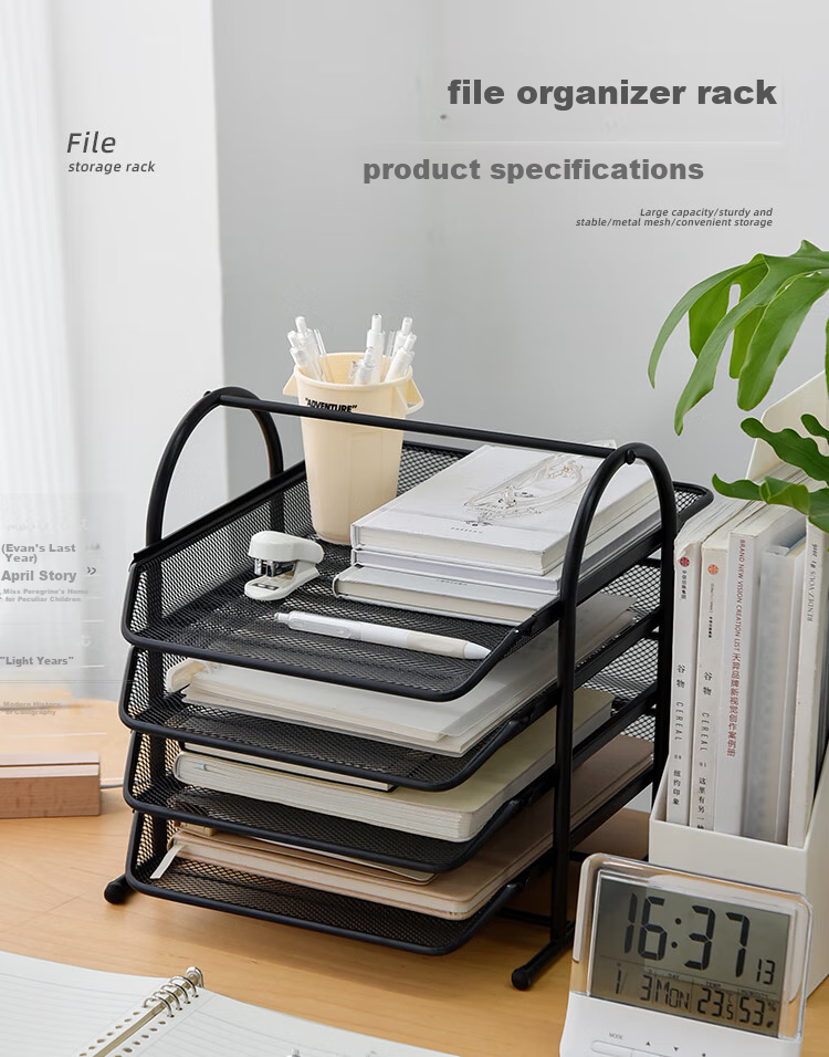 Sannianerban Metal File Organizer, Multi-Layer File Tray, Office Desktop Storage Rack, Metal Basket for Documents, File Organizer Shelf, Storage Rack, Four-Tier Black 1