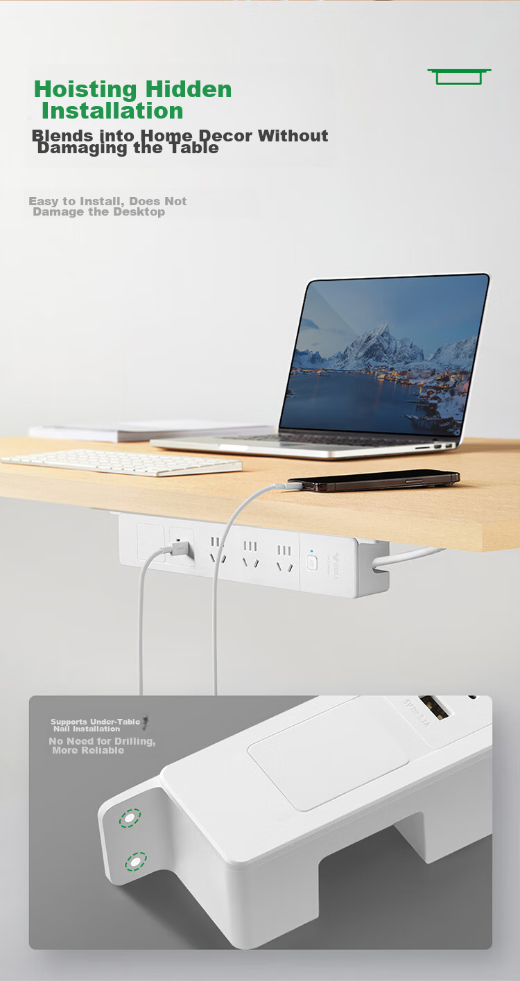 BULL No Drilling Required Under-Desk Embedded Socket/power Strip/power Bar/power Board/power Extension Cord, Multifunctional Desktop Socket, 3 Outlets + 2 USB Ports, Total Length 1.8 Meters 5
