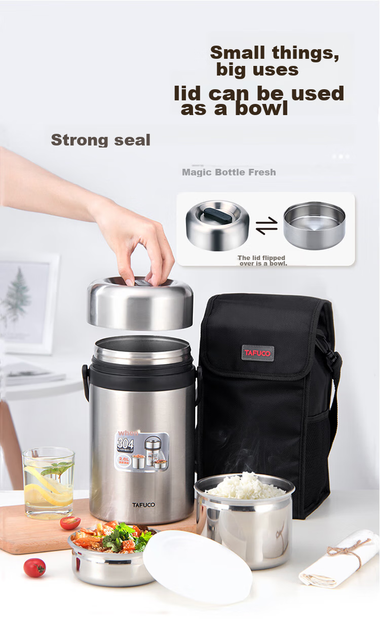 TAFUCO Insulated Food Container, 304 Stainless Steel, Large Capacity, Portable, Three-Layer Insulated Bucket, for Students And Adults, 2.3L, Food-Grade, T0320 10